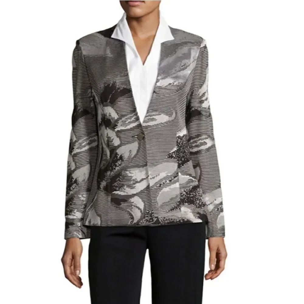 Misook Tailored Knit Blazer Jacket Cardigan Abstract Floral Stripes Gray